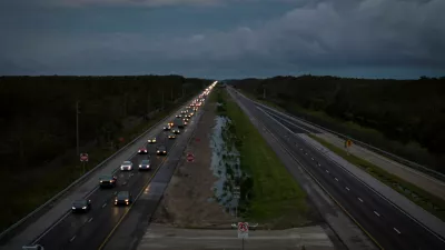 A drone view shows commuters driving east from the west coast ahead of the arrival of Hurricane Milton, at mile marker 51 on Interstate 75, Florida, U.S., October 8, 2024. REUTERS/Marco Bello