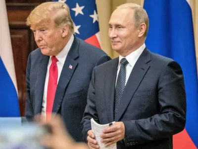 HELSINKI, FINLAND - JULY 16: U.S. President Donald Trump (L) and Russian President Vladimir Putin arrive to waiting media during a joint press conference after their summit on July 16, 2018 in Helsinki, Finland. The two leaders met one-on-one and discussed a range of issues including the 2016 U.S Election collusion. (Photo by Chris McGrath/Getty Images)