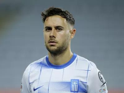 FILE - Greece's George Baldock stands on the pitch before the Euro 2024 group B qualifying soccer match between Gibraltar and Greece at the Algarve stadium outside Faro, Portugal, Friday, March 24, 2023. Former Greece international and Panathinaikos defender George Baldock, who had previously played for Sheffield United, has been found dead in his Athens home, Greek media reported.(AP Photo/Joao Matos, File)