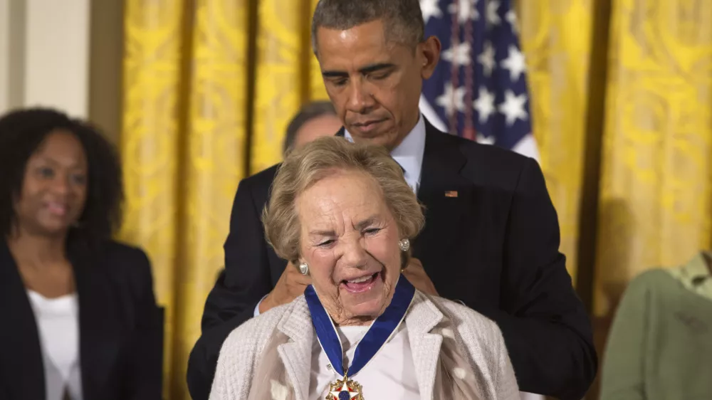 FILE - President Barack Obama awards Ethel Kennedy the Presidential Medal of Freedom, Monday, Nov. 24, 2014, during a ceremony in the East Room of the White House in Washington. (AP Photo/Jacquelyn Martin, File)