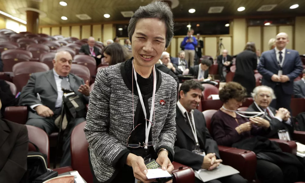 FILE - Assistant Secretary General of Nihon Hidankyo and atomic bomb survivor Masako Wada arrives to attends a conference on nuclear disarmament, at the Vatican, Friday, Nov. 10, 2017. Ninon Hidankyo has been awarded the 2024 Nobel Peace Prize. (AP Photo/Andrew Medichini, File)