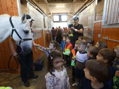 Postajo konjeniške policije Ljubljana je ob 50-letnici njene ustanovitve na dnevu odprtih vrat obiskalo veliko navdušenih skupin otrok. Foto: Luka Cjuha