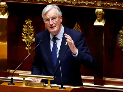 FILE PHOTO: French Prime Minister Michel Barnier delivers a speech during a censure motion debate filed by the alliance of left-wing parties the "Nouveau Front Populaire" (New Popular Front - NFP), after the questions to the government session at the National Assembly in Paris, France, October 8, 2024. REUTERS/Stephanie Lecocq/File Photo