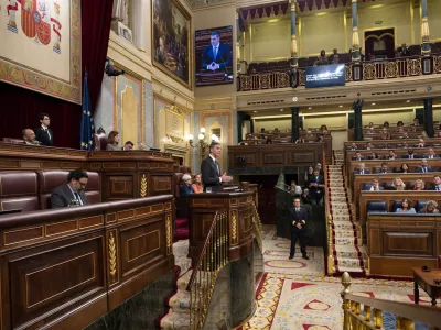 Spanish prime minister Pedro Sanchez seen speaking at the Spanish Congress of Deputies. The government control session has been urgently called by the opposition parties to review and discuss the government's actions regarding the migration crisis.