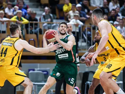 Aleksej Nikolić in action during ABA League 2024/2025 basketball match between Cedevita Olimpija and Split in Ljubljana, Slovenia on October 12, 2024