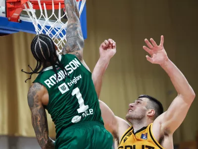 Devin Robinson in action during ABA League 2024/2025 basketball match between Cedevita Olimpija and Split in Ljubljana, Slovenia on October 12, 2024