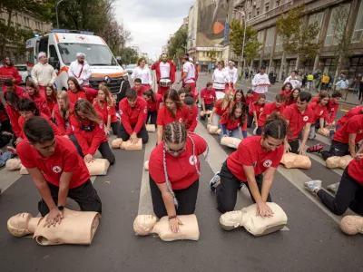 Romanian Red Cross volunteers perform resuscitation on mannequins during a flash mob to mark the World Restart a Heart Day in Bucharest, Romania, Wednesday, Oct. 16, 2024. (AP Photo/ Andreea Alexandru)