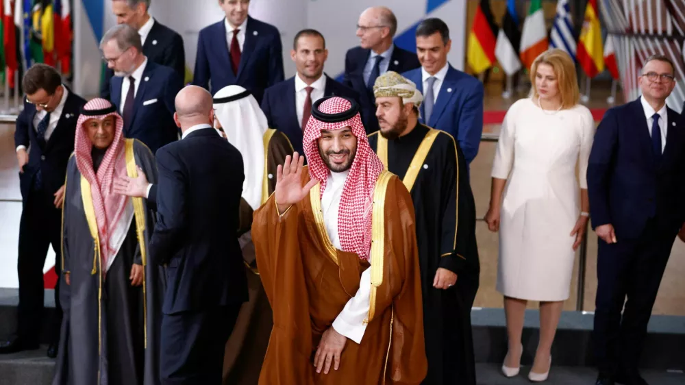 Saudi Arabia Crown Prince and Prime Minister Mohammed bin Salman bin Abdulaziz Al Saud gestures during the joint European Union and the Gulf Cooperation Council (GCC) summit, in Brussels, Belgium October 16, 2024. REUTERS/Johanna Geron