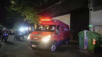 An ambulance carrying the body former One Direction singer Liam Payne leaves the hotel where he was found dead after falling from a balcony in Buenos Aires, Argentina, Wednesday, Oct. 16, 2024. (AP Photo/Natacha Pisarenko)