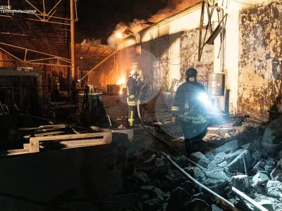 Rescuers work at the site of a Russian drone attack, amid Russia's attack on Ukraine, in Ternopil region, Ukraine October 16, 2024. Press service of the State Emergency Service of Ukraine/Handout via REUTERS ATTENTION EDITORS - THIS IMAGE HAS BEEN SUPPLIED BY A THIRD PARTY. MANDATORY CREDIT.