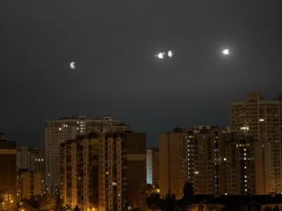 An explosion is seen in the sky over the city during a Russian drone strike, amid Russia's attack on Ukraine, in Kyiv, Ukraine October 19, 2024. REUTERS/Vladyslav Sodel