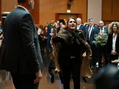 Australian Senator Lidia Thorpe stages a protest as Britain's King Charles and Queen Camilla attend a Parliamentary reception in Canberra, Australia - 21 Oct 2024. Victoria Jones/Pool via REUTERS