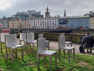 "Spirit of Mozart," the performance and video artist Marina Abramovicpresents an "interactive sculpture" consisting of an ensemble of chairsoccupying and extending into space.