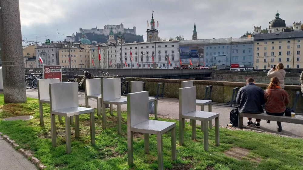 "Spirit of Mozart," the performance and video artist Marina Abramovicpresents an "interactive sculpture" consisting of an ensemble of chairsoccupying and extending into space.