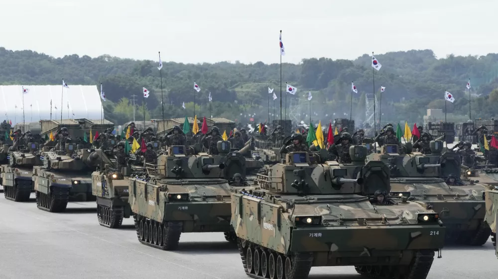 FILE - South Korean mechanized unit personnel parade with their armored vehicles during the media day for the 76th anniversary of Armed Forces Day at Seoul air base in Seongnam, South Korea, on Sept. 25, 2024. (AP Photo/Ahn Young-joon, File)