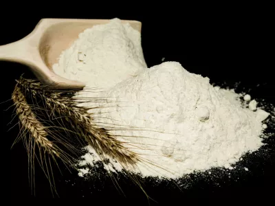 2GD2JPX Flour. Scoop with flour and wheat ears close up on black background Foto: Reuters/Alamy