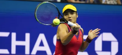 ﻿Sep 9, 2021; Flushing, NY, USA; Emma Raducanu of Great Britain hits a forehand against Maria Sakkari of Greece (not pictured)on day eleven of the 2021 U.S. Open tennis tournament at USTA Billie Jean King National Tennis Center. Mandatory Credit: Robert Deutsch-USA TODAY Sports