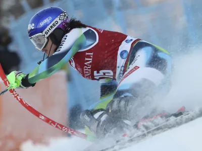 ﻿Slovenia's Andreja Slokar competes during the first run of an alpine ski, World Cup women's slalom in Levi, Finland, Sunday, Nov. 21, 2021. (AP Photo/Alessandro Trovati)