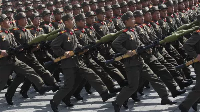 FILE - North Korean soldiers march during a mass military parade in Pyongyang's Kim Il Sung Square to celebrate 100 years since the birth of North Korean founder, Kim Il Sung on April 15, 2012. (AP Photo/Ng Han Guan, File)