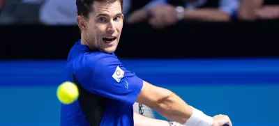 22 October 2024, Austria, Vienna: Austrian tennis player Dominic Thiem in action against Italy's Luciano Darderi, during their men's singles round of 32 tennis match of the Vienna Open tennis tournament. Photo: Georg Hochmuth/APA/dpa