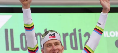 Reigning World Champion Slovenia's Tadej Pogacar celebrates winning Il Lombardia, Tour of Lombardy cycling race, in Como, Italy, Saturday, Oct. 12, 2024. (Spada/LaPresse via AP)