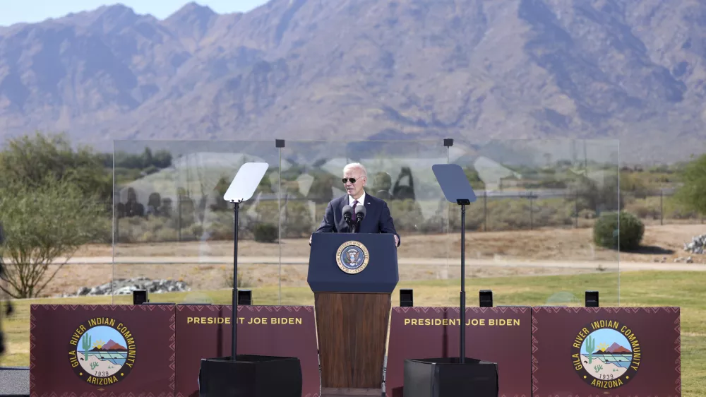 President Joe Biden speaks at the Gila Crossing Community School, Friday, Oct. 25, 2024, in Laveen, Ariz. (AP Photo/Rick Scuteri)