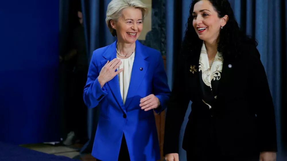 Kosovo's President Vjosa Osmani speaks with European Commission President Ursula von der Leyen following their press conference in Pristina, Kosovo October 26, 2024. REUTERS/Valdrin Xhemaj