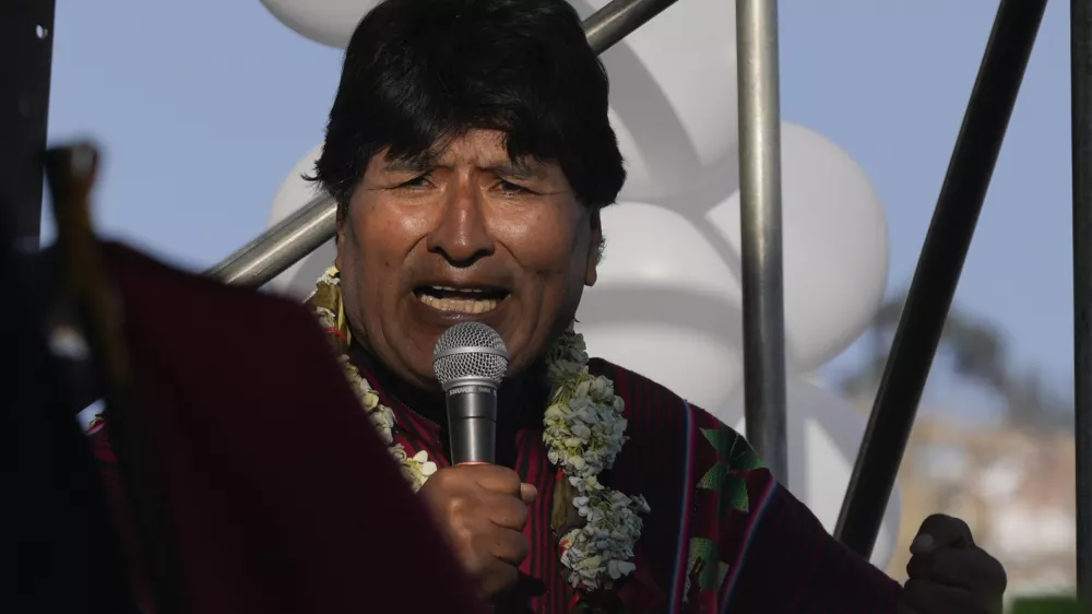 FILE - Former President Evo Morales speaks to supporters after marching to La Paz, Bolivia, to protest current President Luis Arce, Monday, Sept. 23, 2024. (AP Photo/Juan Karita, File)