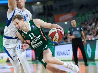 in action during ABA League 2024/2025 basketball match between Cedevita Olimpija and Buducnost VOLI in Ljubljana, Slovenia on October 27, 2024