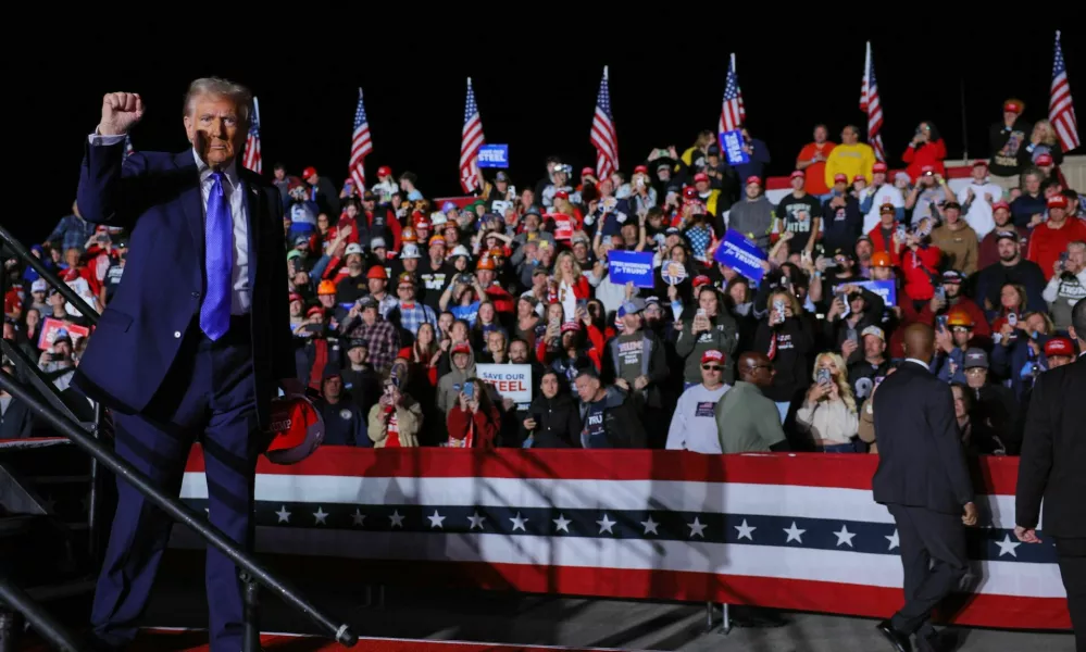 Republican presidential nominee and former U.S. President Donald Trump gestures at the end of his Make America Great Again Rally in Latrobe, Pennsylvania, U.S. October 19, 2024. REUTERS/Brian Snyder