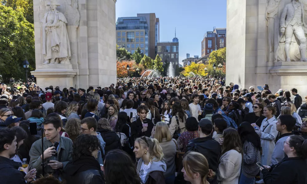 Crowds gather for the Timothee Chalamet lookalike contest in Washington Square Park, Sunday, Oct. 27, 2024, in New York. (AP Photo/Stefan Jeremiah)