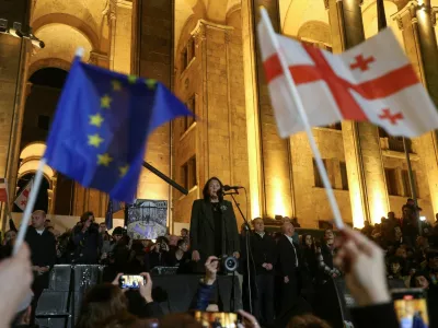 Georgia's President Salome Zourabichvili addresses participants of a rally organized by supporters of opposition parties to protest against the result of a recent parliamentary election won by the ruling Georgian Dream party, in Tbilisi, Georgia October 28, 2024. REUTERS/Irakli Gedenidze