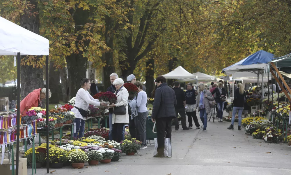 Še vse do sobote bo mogoče pod kostanjevim drevoredom pri Plečnikovih Žalah kupiti cvetni aranžma in sveče. Foto: Luka Cjuha