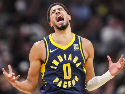 Oct 30, 2024; Indianapolis, Indiana, USA; Indiana Pacers guard Tyrese Haliburton (0) reacts to after scoring a three point basket during a game against the Boston Celticss at Gainbridge Fieldhouse. Mandatory Credit: Grace Smith-Imagn Images