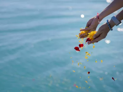 daughter scatter petal of flower on the sea in her father pass away ceremony / Foto: 100