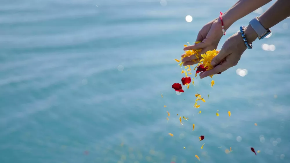 daughter scatter petal of flower on the sea in her father pass away ceremony / Foto: 100