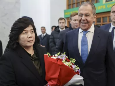 In this photo released by Russian Foreign Ministry press service on Friday, Nov. 1, 2024, Russian Foreign Minister Sergey Lavrov, right, and North Korean Foreign Ministert Choe Son Hui attend an unveiling ceremony of the plaque to mark Kim Il Sung's 1949 visit to USSR, at Yaroslavsky railway terminal in Moscow, Russia. (Russian Foreign Ministry Press Service via AP)