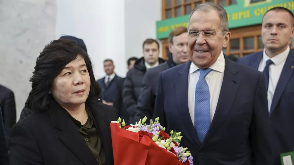 In this photo released by Russian Foreign Ministry press service on Friday, Nov. 1, 2024, Russian Foreign Minister Sergey Lavrov, right, and North Korean Foreign Ministert Choe Son Hui attend an unveiling ceremony of the plaque to mark Kim Il Sung's 1949 visit to USSR, at Yaroslavsky railway terminal in Moscow, Russia. (Russian Foreign Ministry Press Service via AP)