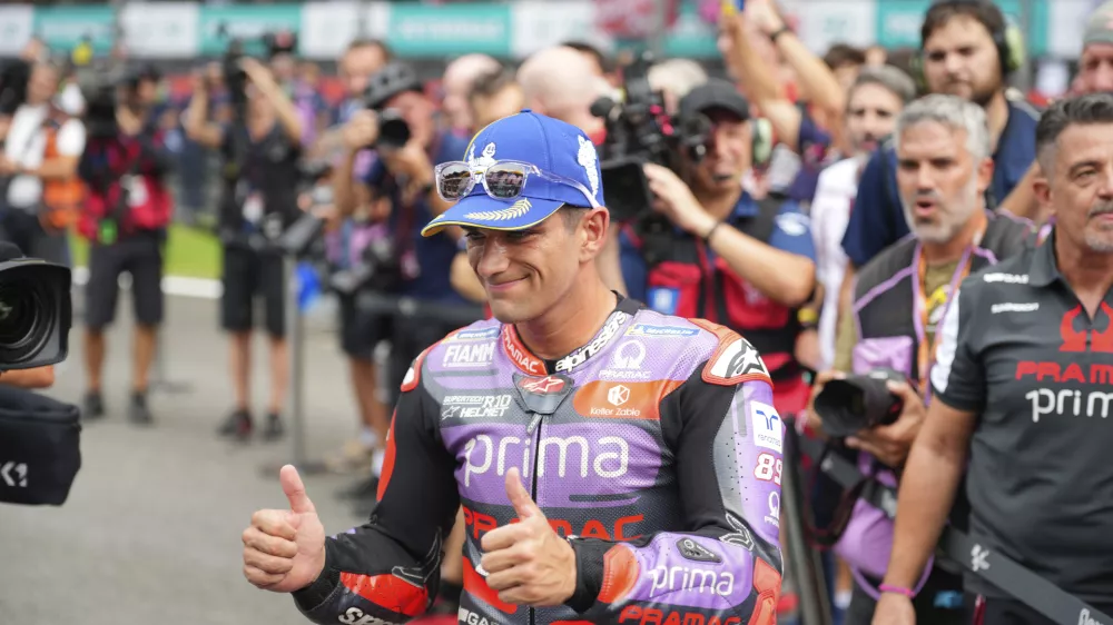 Spanish rider Jorge Martin of Prima Pramac Racing reacts after winning the sprint race at Sepang International Circuit ahead of MotoGP race in Sepang, outskirts of Kuala Lumpur, Saturday, Nov. 2, 2024. (AP Photo/Vincent Thian)