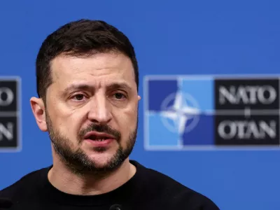 FILE PHOTO: Ukraine's President Volodymyr Zelenskiy attends a press conference, at the NATO headquarters in Brussels, Belgium October 17, 2024. REUTERS/Yves Herman/File Photo