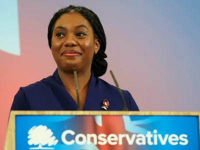 Kemi Badenoch speaks on stage, on the day she was announced as the new leader of Britain's Conservative Party, in London, Britain, November 2, 2024. REUTERS/Mina Kim    TPX IMAGES OF THE DAY