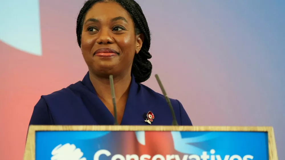 Kemi Badenoch speaks on stage, on the day she was announced as the new leader of Britain's Conservative Party, in London, Britain, November 2, 2024. REUTERS/Mina Kim    TPX IMAGES OF THE DAY