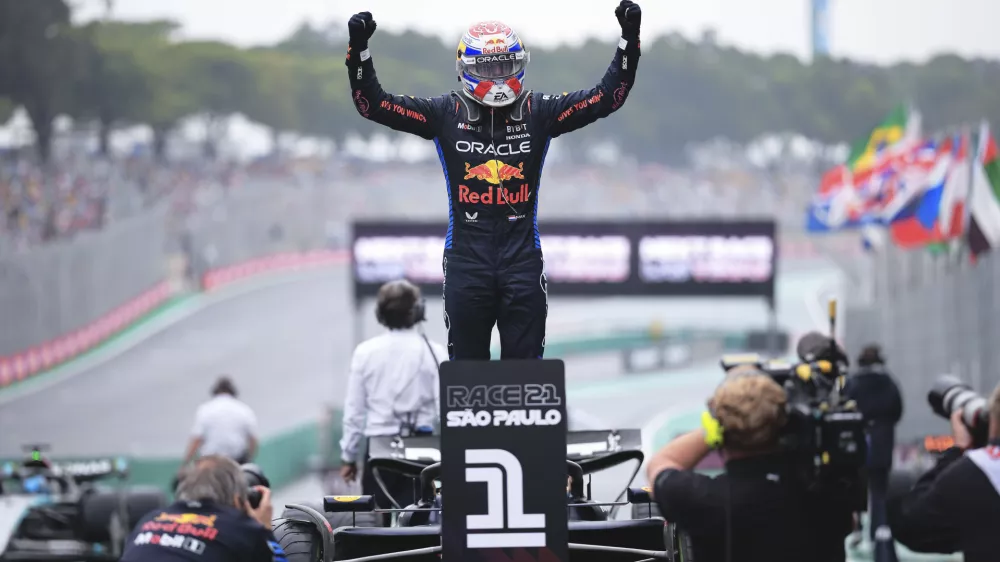 Red Bull driver Max Verstappen of the Netherlands, celebrates finishing first in the Brazilian Formula One Grand Prix at the Interlagos race track, in Sao Paulo, Brazil, Sunday, Nov. 3, 2024. (AP Photo/Ettore Chiereguini)