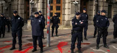 Members of police stand guard as demonstrators protest to commemorate an accident at a railway station in the Serbian city of Novi Sad, for which they blame negligence and corruption by the authorities, in front of the government in Belgrade, Serbia November 3, 2024. REUTERS/Marko Djurica