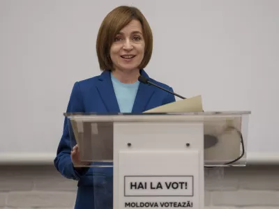 Moldova's President Maia Sandu delivers a statement after winning a second term in a pivotal presidential runoff against a Russia-friendly opponent in Chisinau, Moldova, early Monday, Nov. 4, 2024. (AP Photo/Vadim Ghirda)