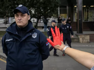 A demonstrator shows her hand painted in red to a member of police as demonstrators protest to commemorate an accident at a railway station in the Serbian city of Novi Sad, for which they blame negligence and corruption by the authorities, in front of the government in Belgrade, Serbia November 3, 2024. REUTERS/Marko Djurica