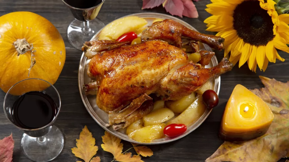 Thanksgiving dinner served on wooden rustic table