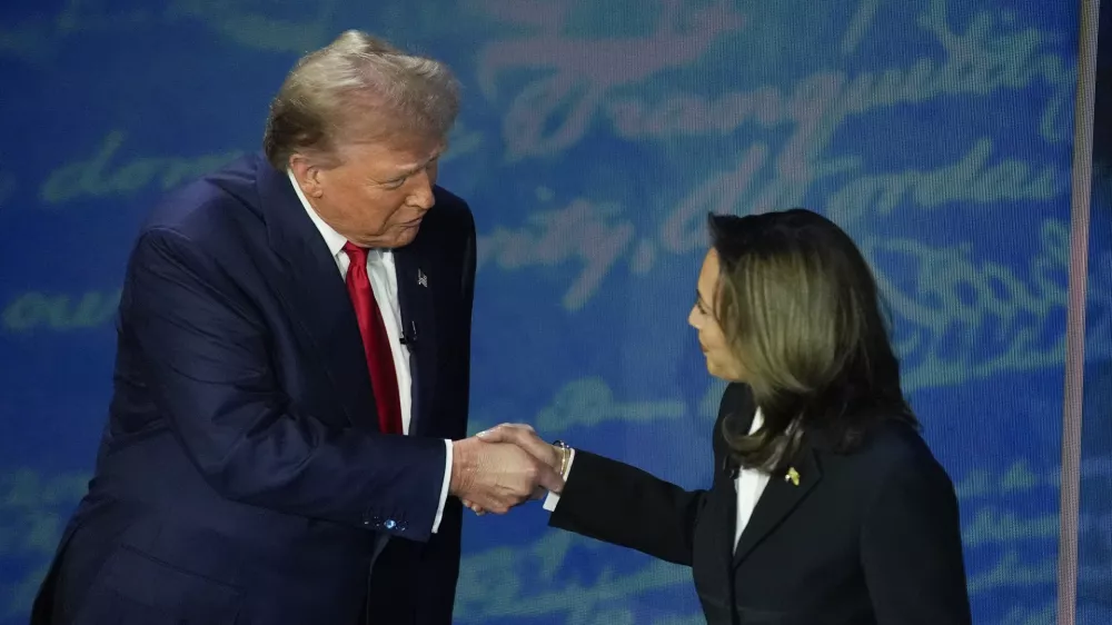 Republican presidential nominee former President Donald Trump and Democratic presidential nominee Vice President Kamala Harris shake hands before the start of an ABC News presidential debate at the National Constitution Center, Tuesday, Sept. 10, 2024, in Philadelphia. (AP Photo/Alex Brandon)