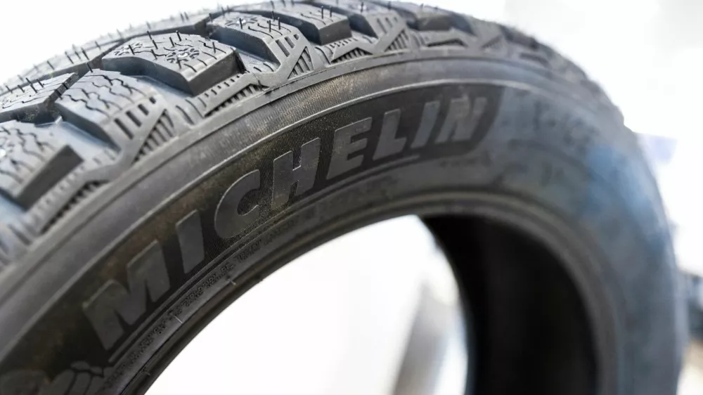 FILE PHOTO: A tyre produced by the French company Michelin is on display at a dealership in Moscow, Russia, March 23, 2023. REUTERS/Maxim Shemetov/File Photo