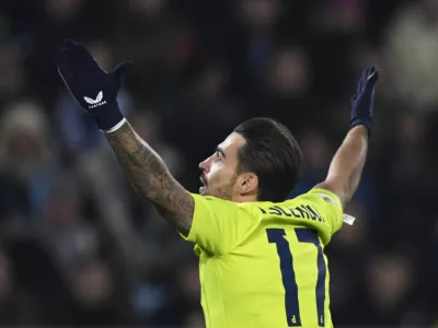 Soccer Football - Champions League - Slovan Bratislava v GNK Dinamo Zagreb - Tehelne pole, Bratislava, Slovakia - November 5, 2024 GNK Dinamo Zagreb's Sandro Kulenovic celebrates scoring their fourth goal REUTERS/Radovan Stoklasa